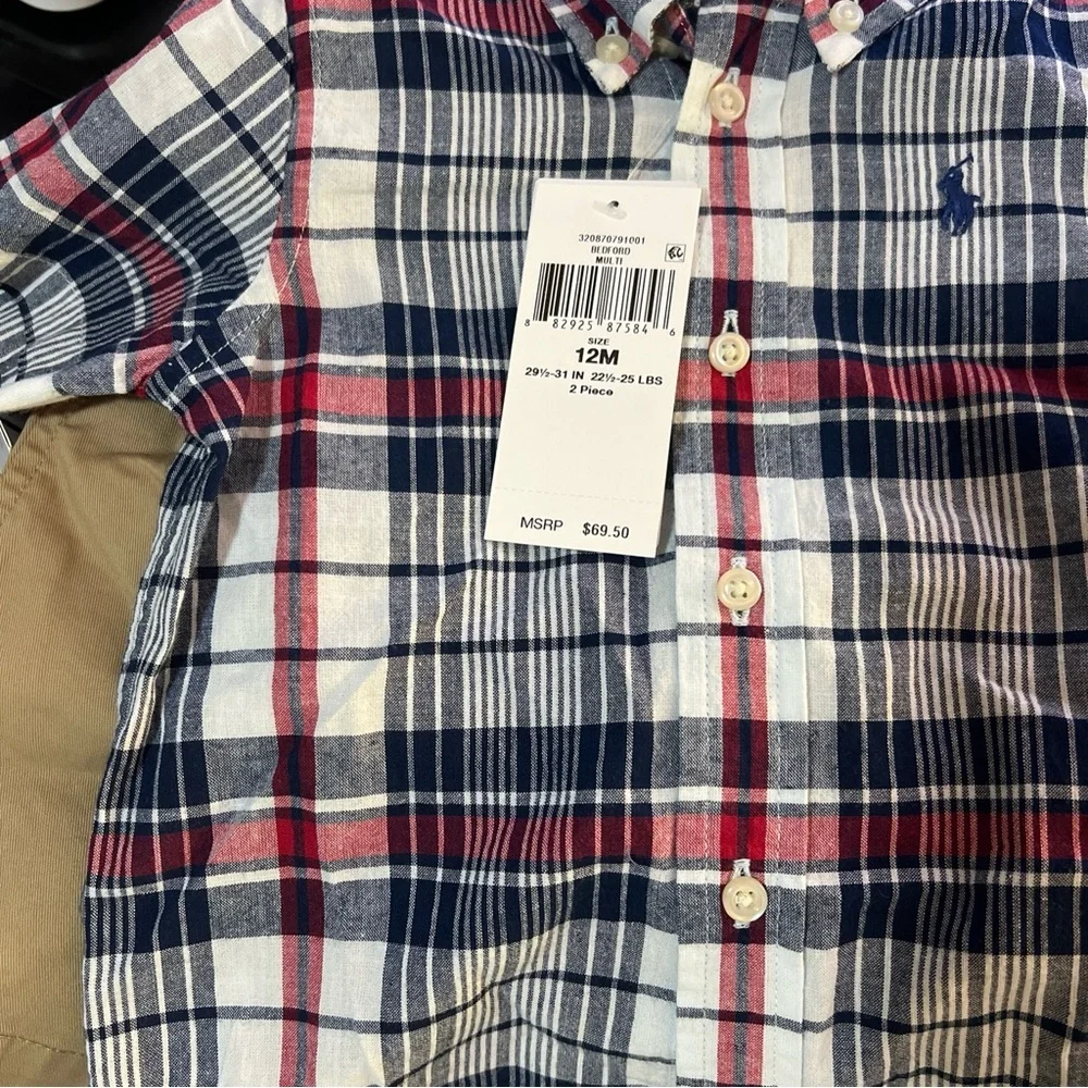 NWT Polo Ralph Lauren Baby Boys Madras Short Sleeves Shirt and Shorts Set 2 Pc